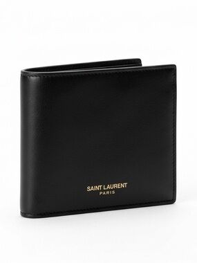 Saint Laurent Black Leather Fold Wallet with Gold Logo